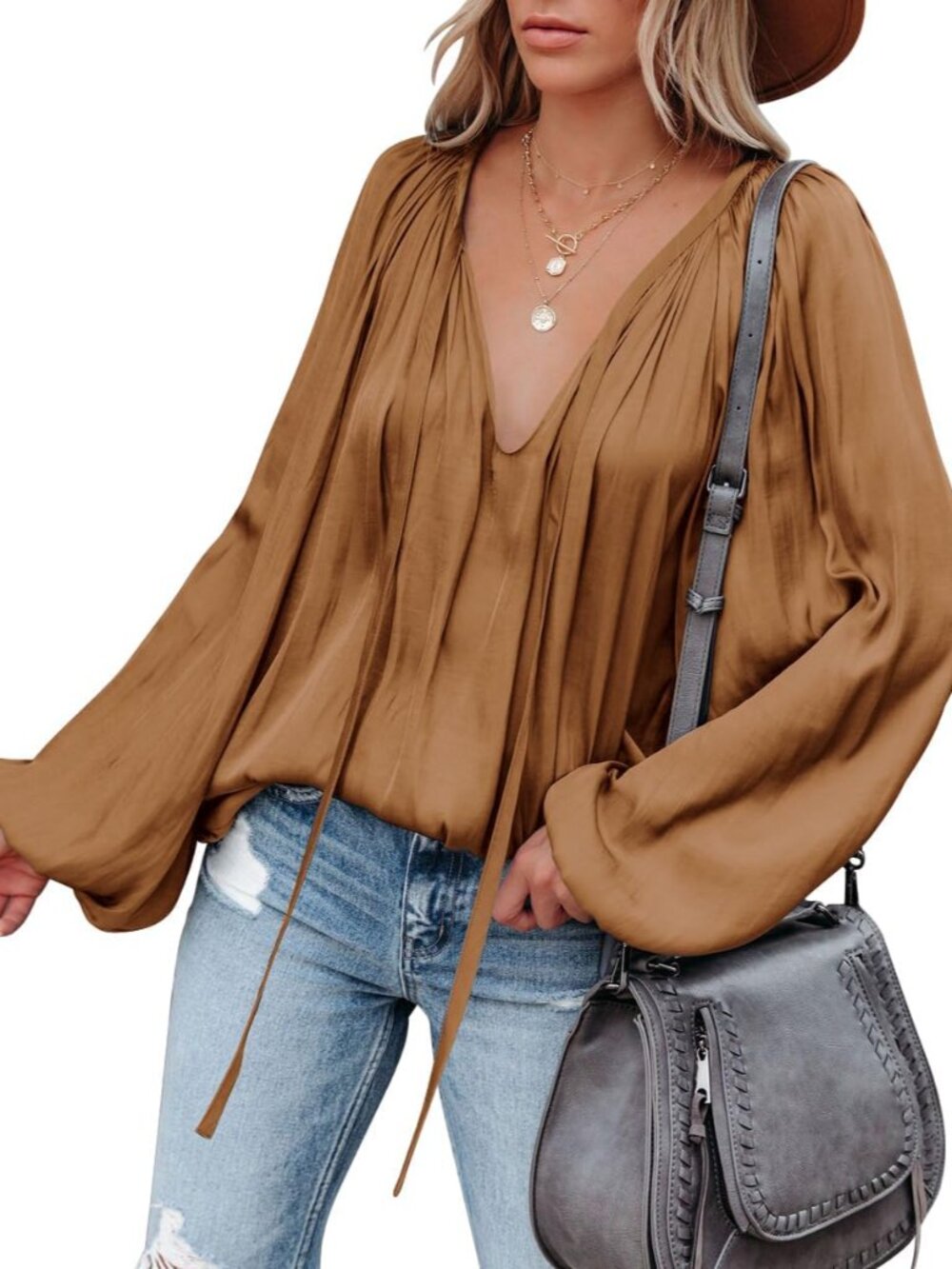 Womens Sexy Deep V Neck Blouse Bell Long Sleeve Satin Flowy Tops